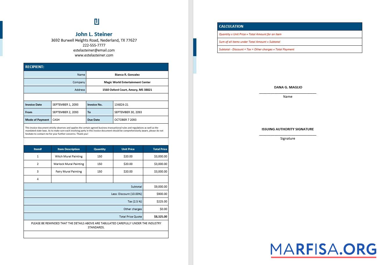 Realistic Free Freelance Artist Invoice sample